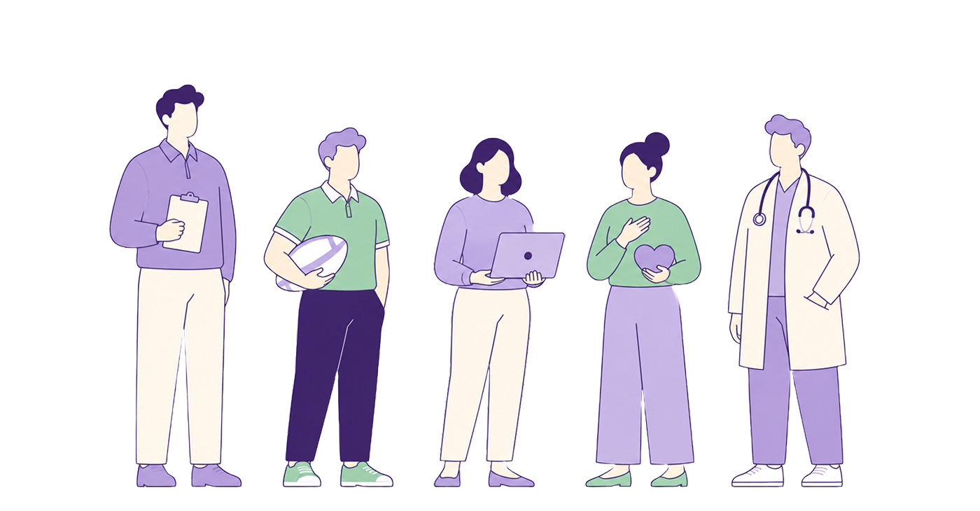 Illustration of a team of technologists, clinicians, and sports professionals