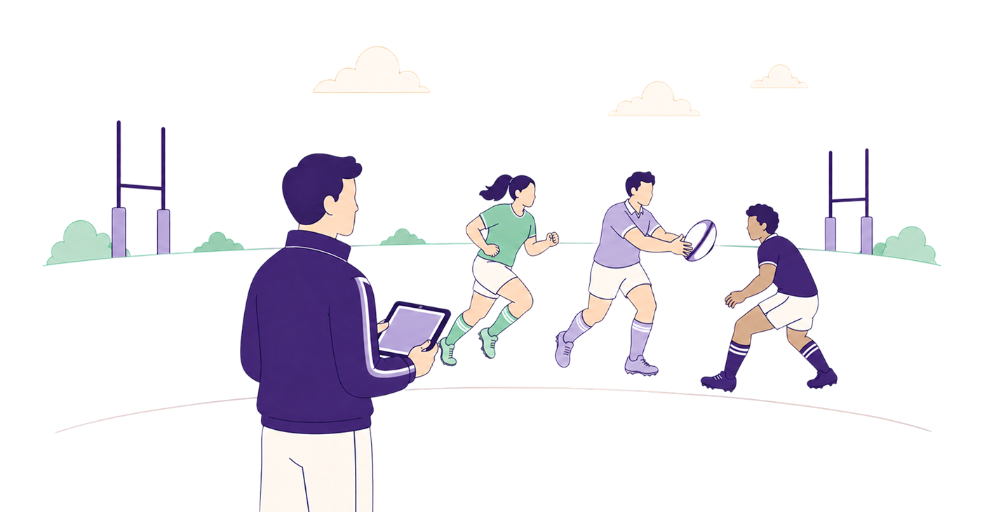 Illustration of a coach with a tablet observing rugby players on a pitch