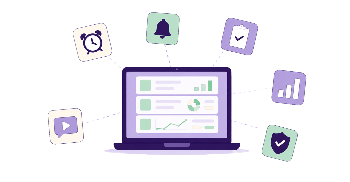 Illustration of a laptop dashboard surrounded by feature icons for alerts, reporting, scheduling, and security