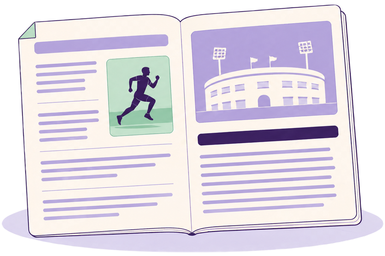 Illustrated newspaper showing a runner and a stadium