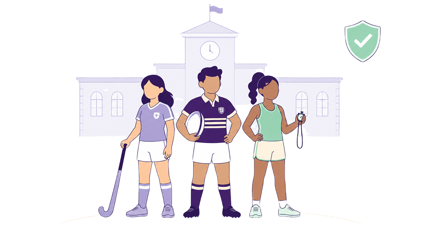 Illustration of three school athletes in front of a school building