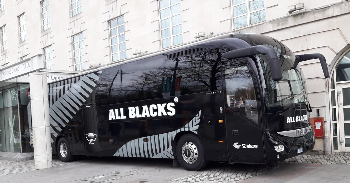 All Blacks Rugby coach outside the Hilton Hotel Cardiff, South Wales.