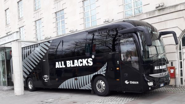 All Blacks Rugby coach outside the Hilton Hotel Cardiff, South Wales.