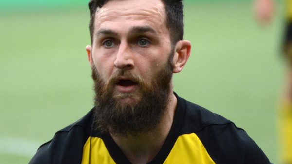 A portrait of Scottish footballer Kevin Kerr, a midfielder for Pittsburgh Riverhounds SC, taken as he was looking to re…
